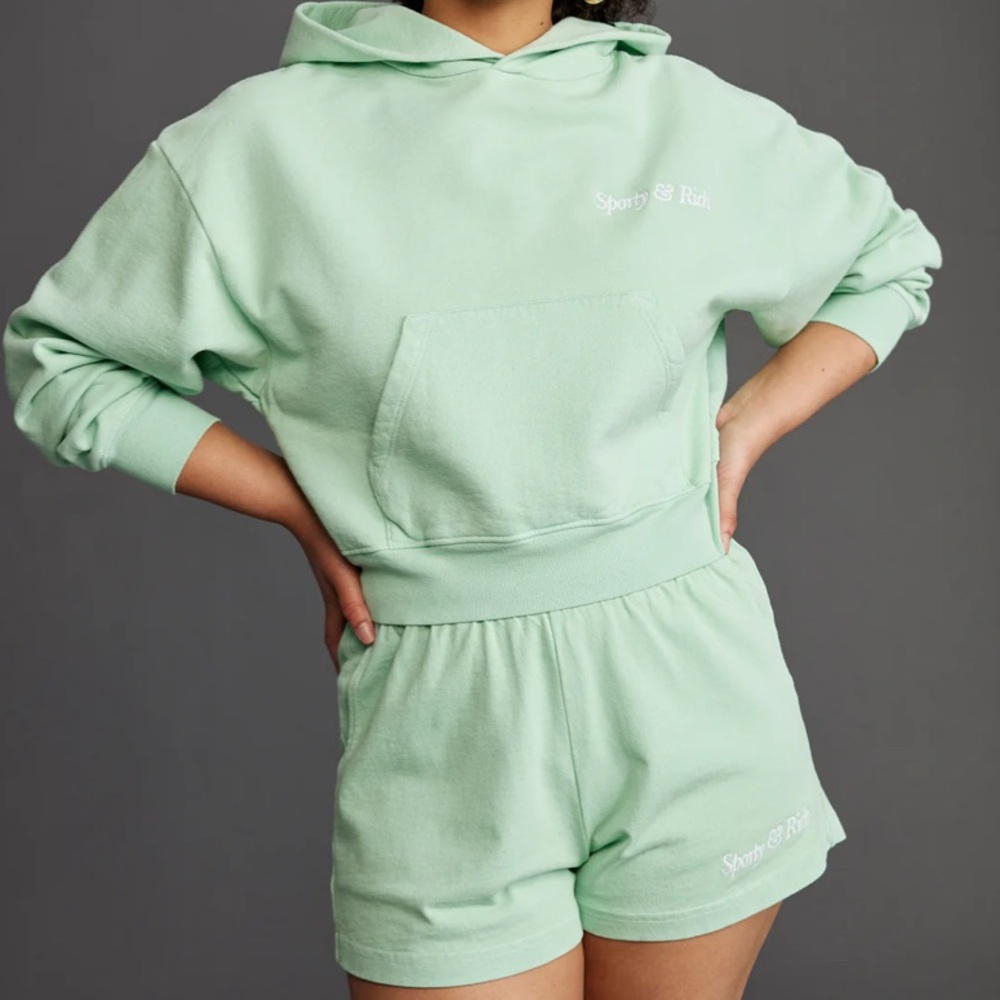Sporty & Rich Italic Logo Embroidered Cropped Hoodie + Disco Short - Jade/White